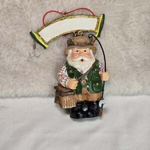 Fisherman Santa Claus Ornament with Fishing Pole & Basket Outdoorsman Christmas